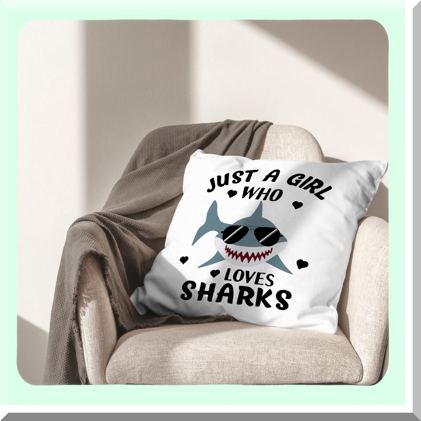 Shark Love Decor Pillow - Ocean Fish Room Decorative Throw Cover for Sofa Couch - Girls Room 18x18 Inch Pillowcase - Shark Lover Home Accent