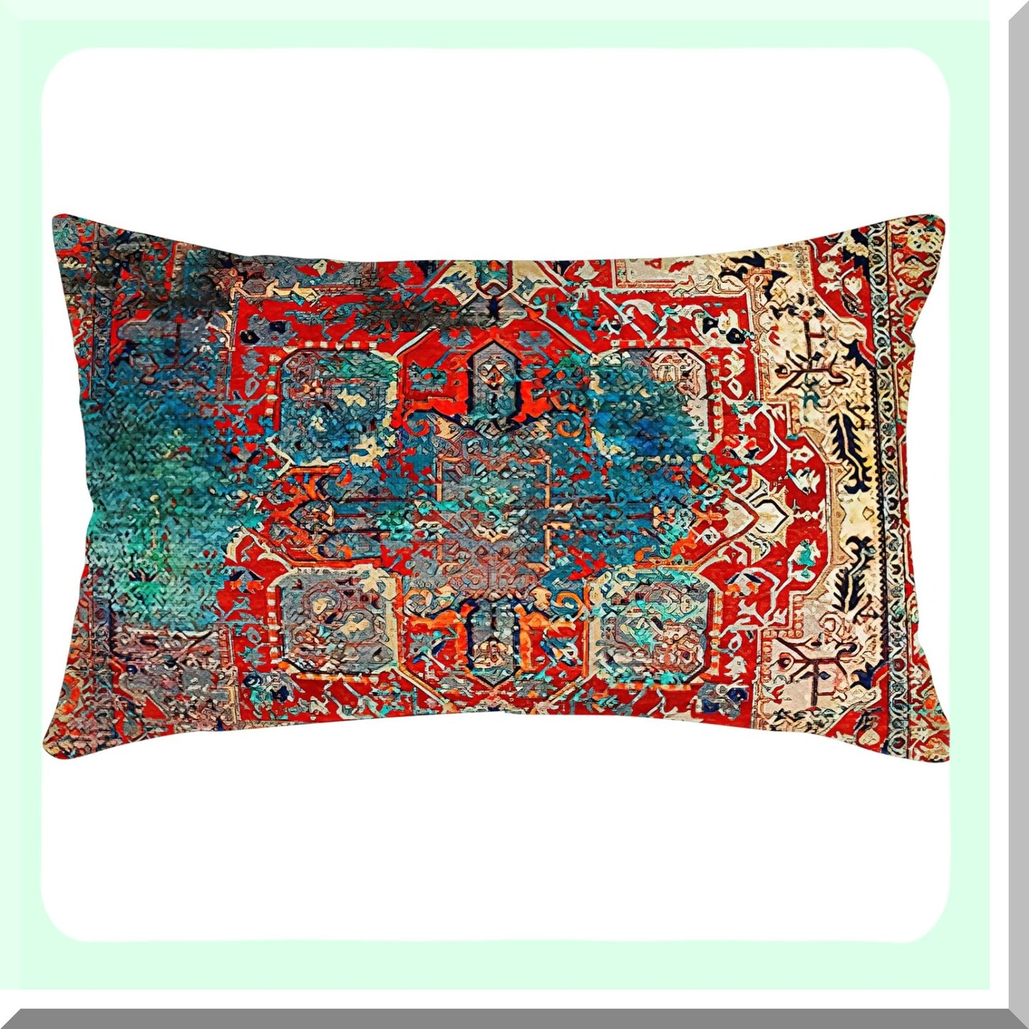 Vintage Persian Boho Red Blue Linen Pillowcase - Ethnic Decorative Throw Pillow Cover 12x20 Inch - Antique Home Decor Cases
