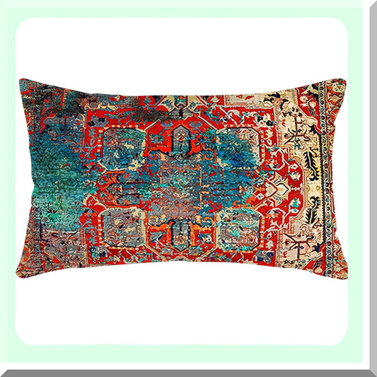 Vintage Persian Boho Red Blue Linen Pillowcase - Ethnic Decorative Throw Pillow Cover 12x20 Inch - Antique Home Decor Cases