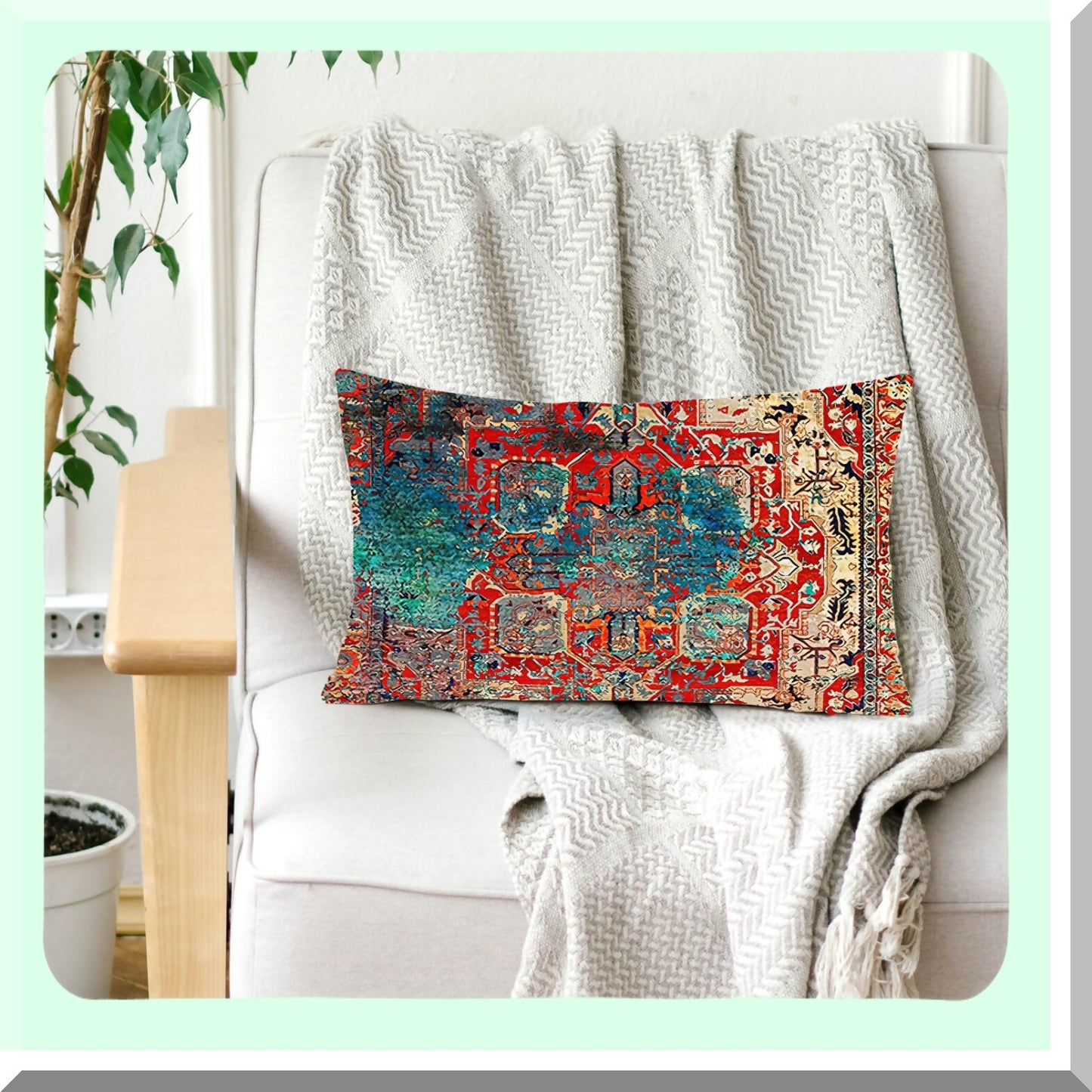 Vintage Persian Boho Red Blue Linen Pillowcase - Ethnic Decorative Throw Pillow Cover 12x20 Inch - Antique Home Decor Cases