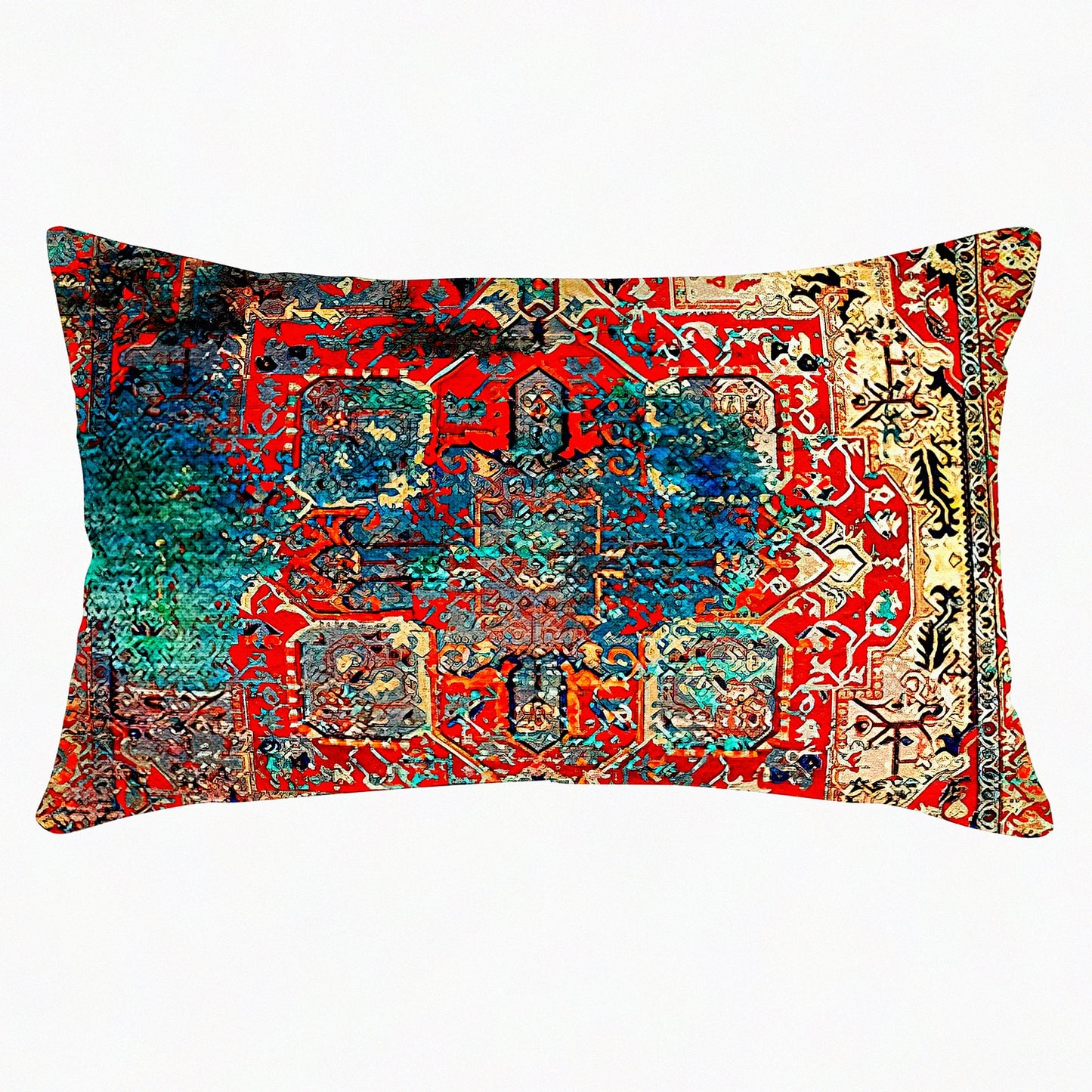 Vintage Persian Boho Red Blue Linen Pillowcase - Ethnic Decorative Throw Pillow Cover 12x20 Inch - Antique Home Decor Cases