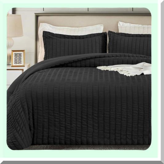 Black Seersucker Comforter Set - Soft Lightweight Down Alternative Bedding - All Season Fluffy Comforter with Shams - King Size 106x90 - 3 Piece