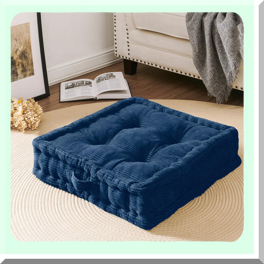 Navy Blue Velvet Tufted Meditation Floor Pillow - Shredded Memory Foam Seating Cushion for Adults & Kids - Square 20x20 Inch Floor Cushion