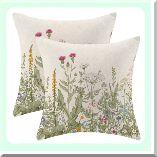 Wildflower Sage Green Pillow Covers - Set of 2, 16 X 16 Inch Floral Throw Pillow Covers for Couch Sofa, Outdoor Farmhouse Decor with Spring Flower Herbs Plant Leaves Pattern