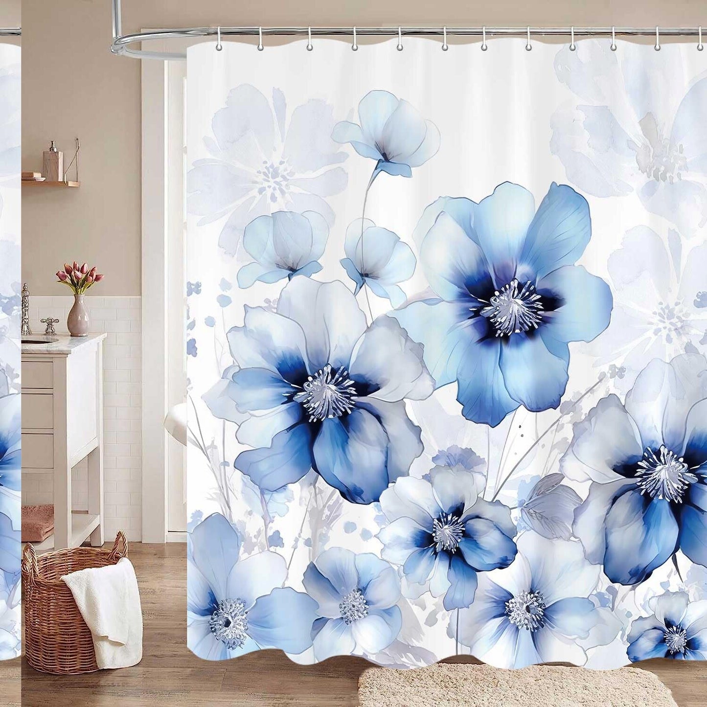 Blue Floral Shower Curtain 69x72 inch with 12 Hooks
