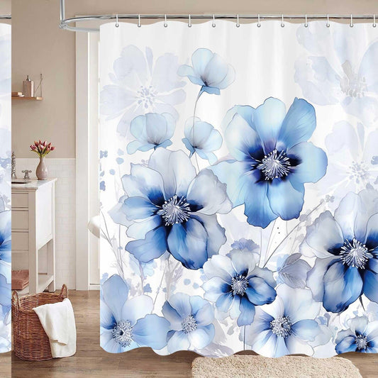 Blue Floral Shower Curtain 69x72 inch with 12 Hooks