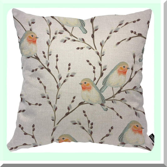 Rustic Willow Branch Bird Pillow Cover - Vintage Watercolor Print Square Cushion Case for Home Decor - Cozy Animal Theme 18x18 Inch Cotton Linen - Men Women Boys Girls Room Accent