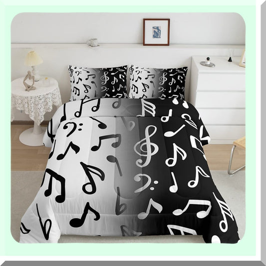 Hip Hop Harmony Twin Comforter Set - Black Gray Music Notes Quilted Duvet for Boys Teens Kids & Adult Women. Soft Bedding for Bedroom & Living Room Decor.