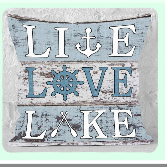 Rustic Lakehouse Charm Pillow Cover - Vintage Style Decorative Throw Cushion, Live Love Lake Square 18x18 Inches - Cabin Home Accent Décor