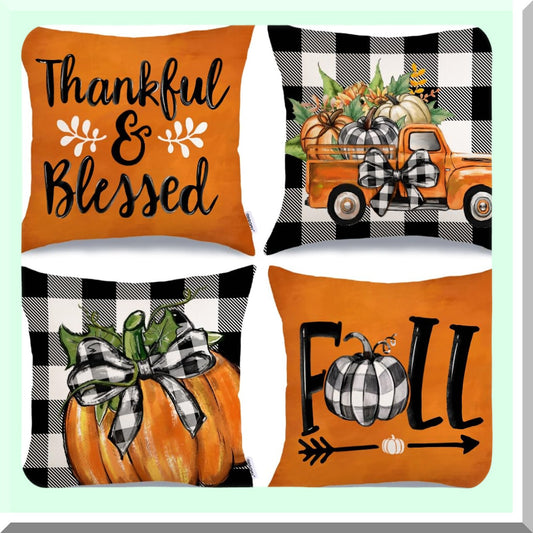 Autumn Harvest Plaid Pillow Covers - Set of 4, Fall Blessings Decorative Throw Pillow Cases for Home Couch, 18 x 18 Inch, Orange Color
