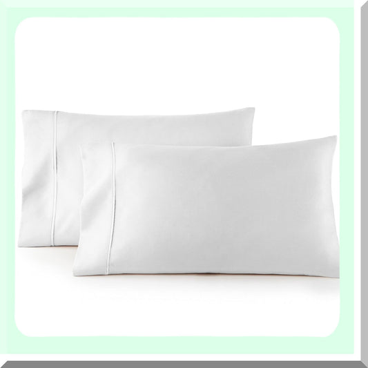 CoolCotton Queen Pillowcase Set - 100% Long Staple Sateen Weave, White Cooling Covers with 4 Inch Hem - Pack of 2