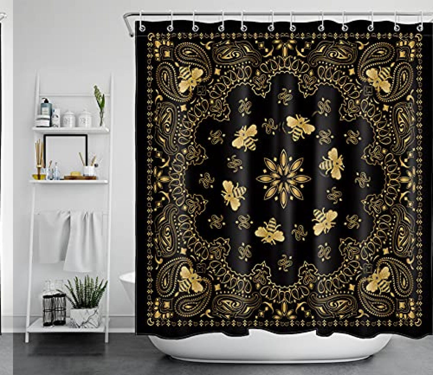 Black and Gold Paisley Pattern Shower Curtain 72x72 Inch