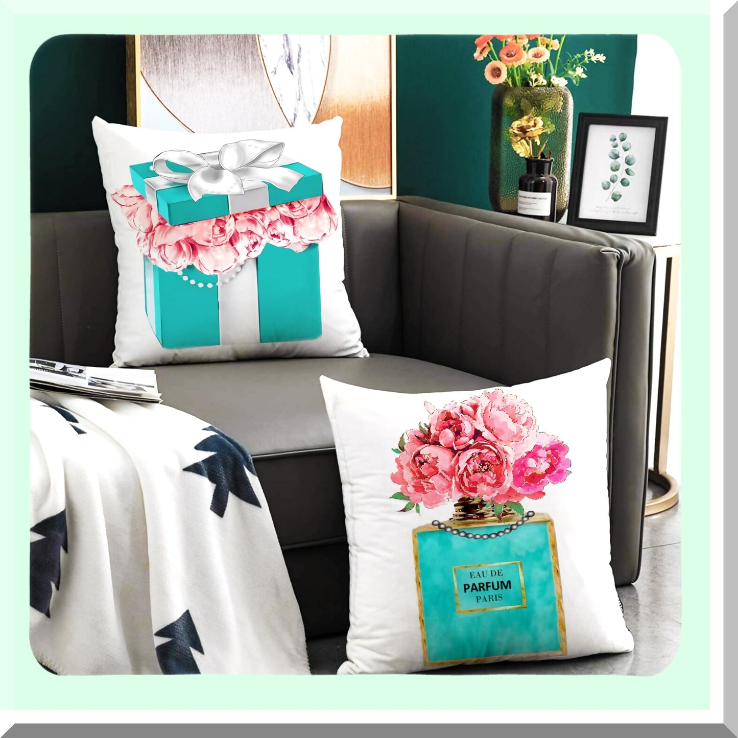 Teal Flower Fashion Velvet Pillow Set - Pink Lipstick Perfume Decorative Covers for Teen Girl Room - Blue Accent Couch Cases - 18x18 Set of 2