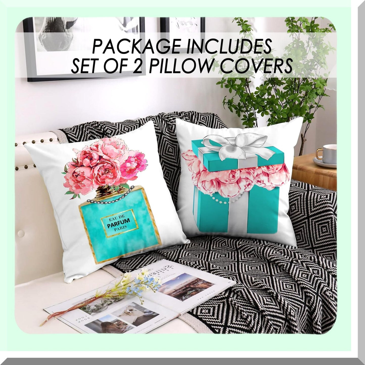 Teal Flower Fashion Velvet Pillow Set - Pink Lipstick Perfume Decorative Covers for Teen Girl Room - Blue Accent Couch Cases - 18x18 Set of 2
