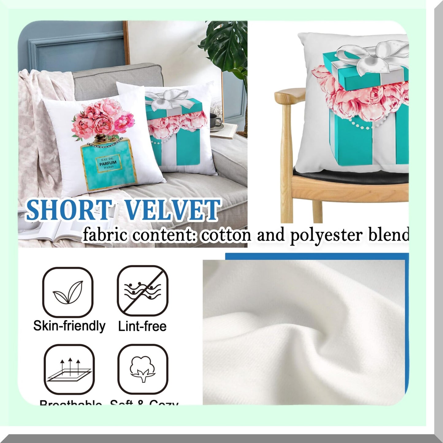 Teal Flower Fashion Velvet Pillow Set - Pink Lipstick Perfume Decorative Covers for Teen Girl Room - Blue Accent Couch Cases - 18x18 Set of 2