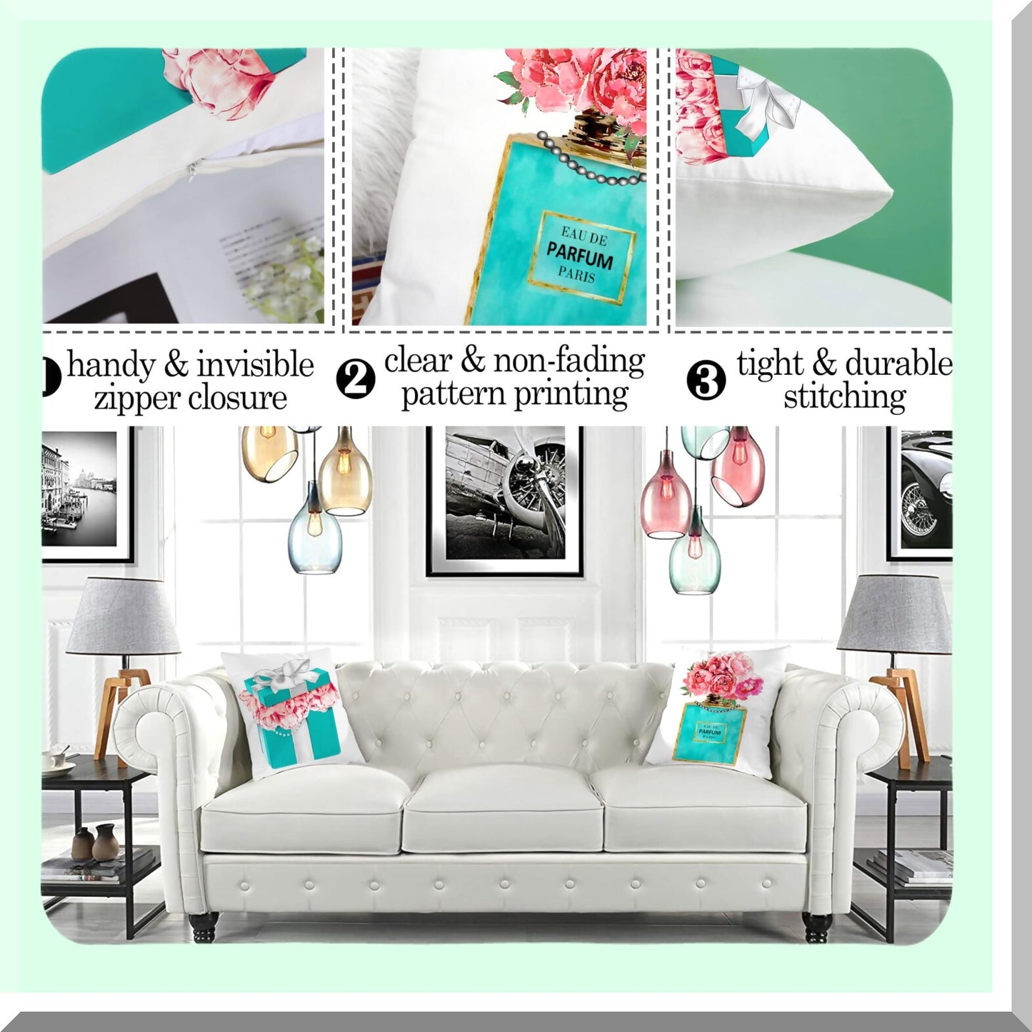 Teal Flower Fashion Velvet Pillow Set - Pink Lipstick Perfume Decorative Covers for Teen Girl Room - Blue Accent Couch Cases - 18x18 Set of 2