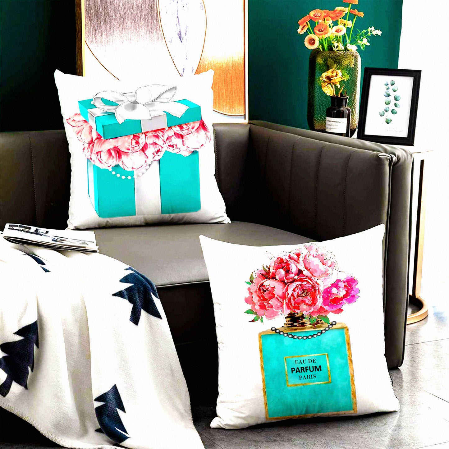 Teal Flower Fashion Velvet Pillow Set - Pink Lipstick Perfume Decorative Covers for Teen Girl Room - Blue Accent Couch Cases - 18x18 Set of 2