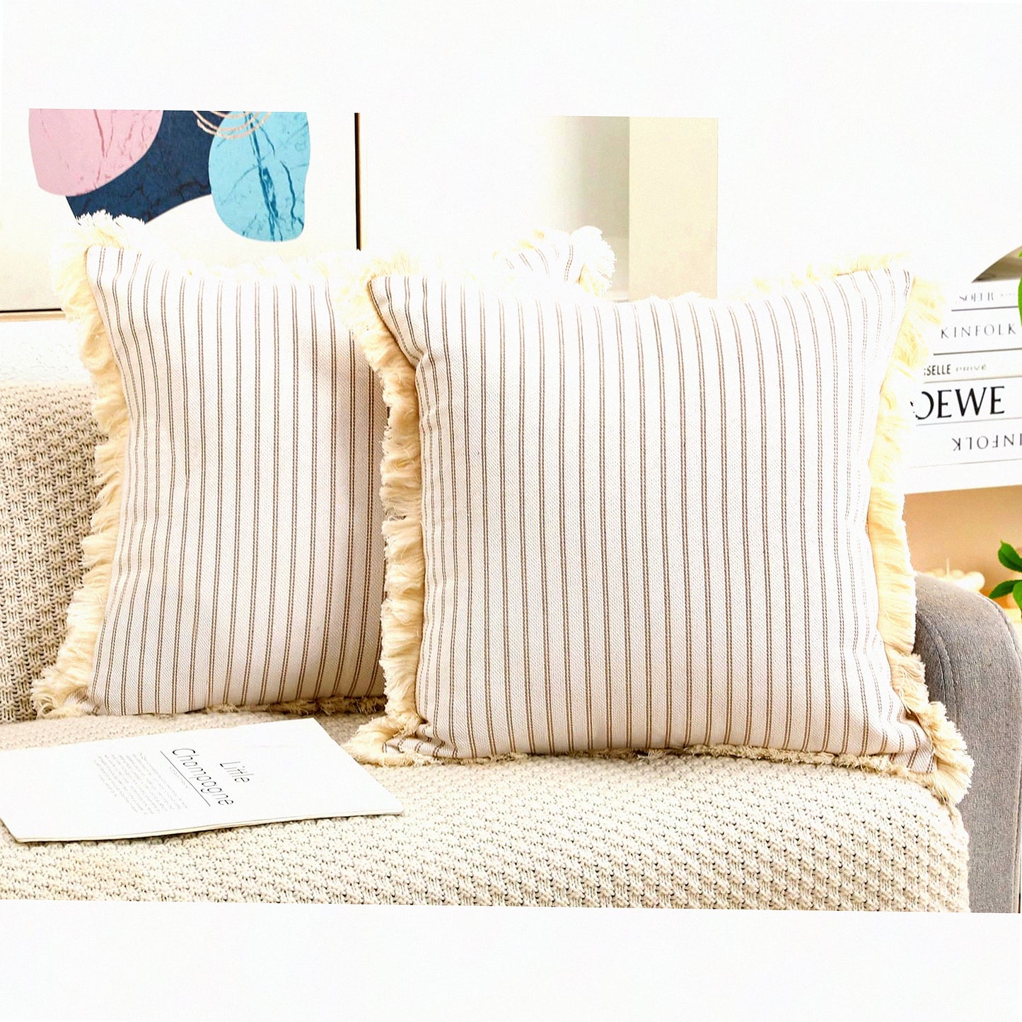 Boho Fringe Cushion Covers - Set of 2, 22x22 Neutral Cotton Pillowcases for Farmhouse Living Room Decor. Perfect for Bed, Sofa, Couch.