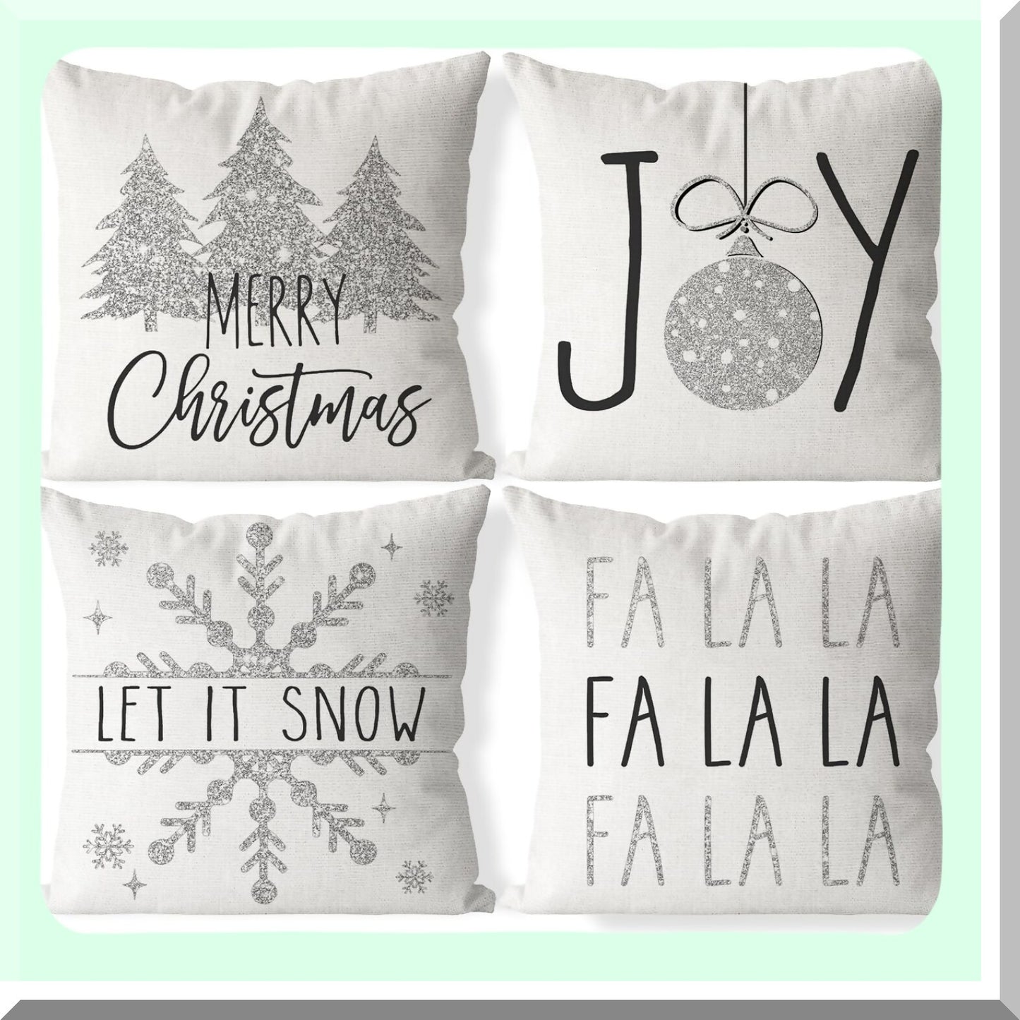 Silver Glitter Xmas Pillow Covers Set - 18x18 White Holiday Decorations for Bed, Chair, Sofa - Pack of 4 Throw Cushion Cases - Couch Accessories