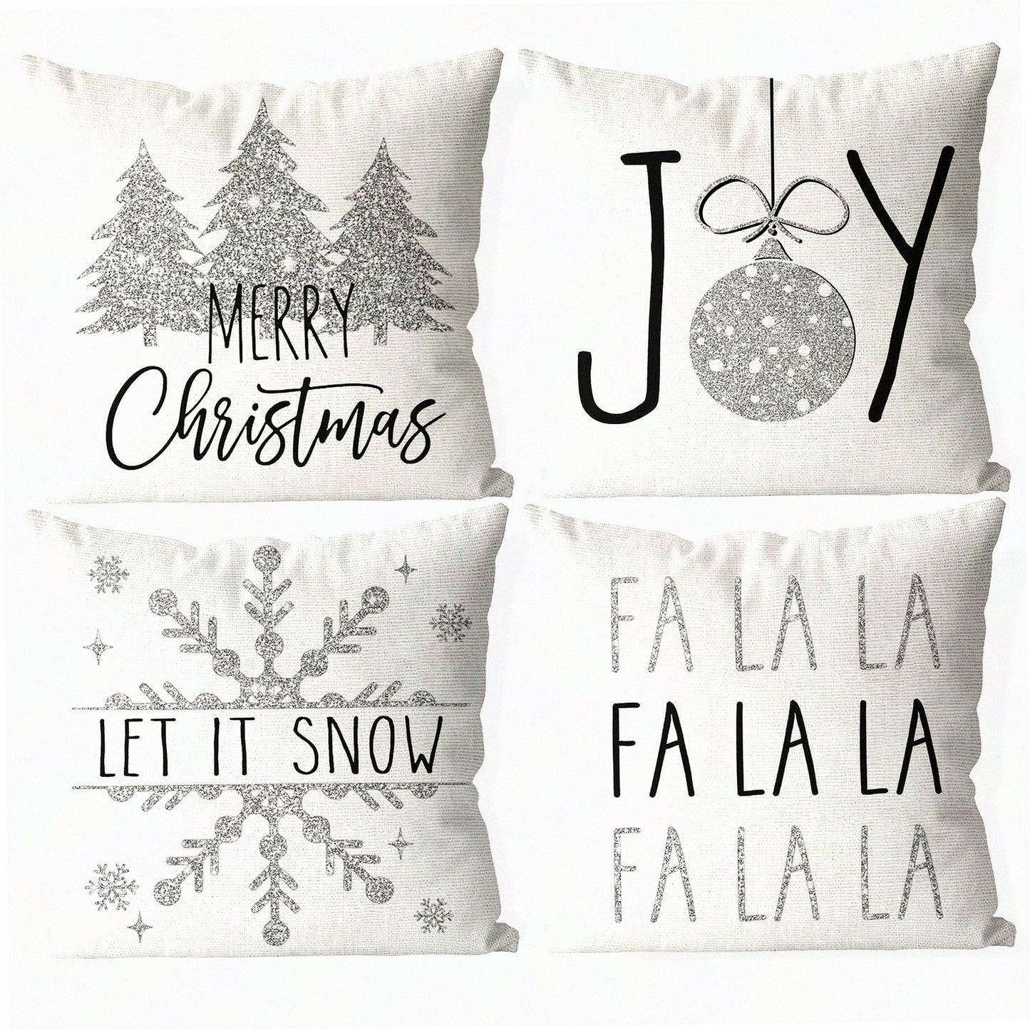 Silver Glitter Xmas Pillow Covers Set - 18x18 White Holiday Decorations for Bed, Chair, Sofa - Pack of 4 Throw Cushion Cases - Couch Accessories