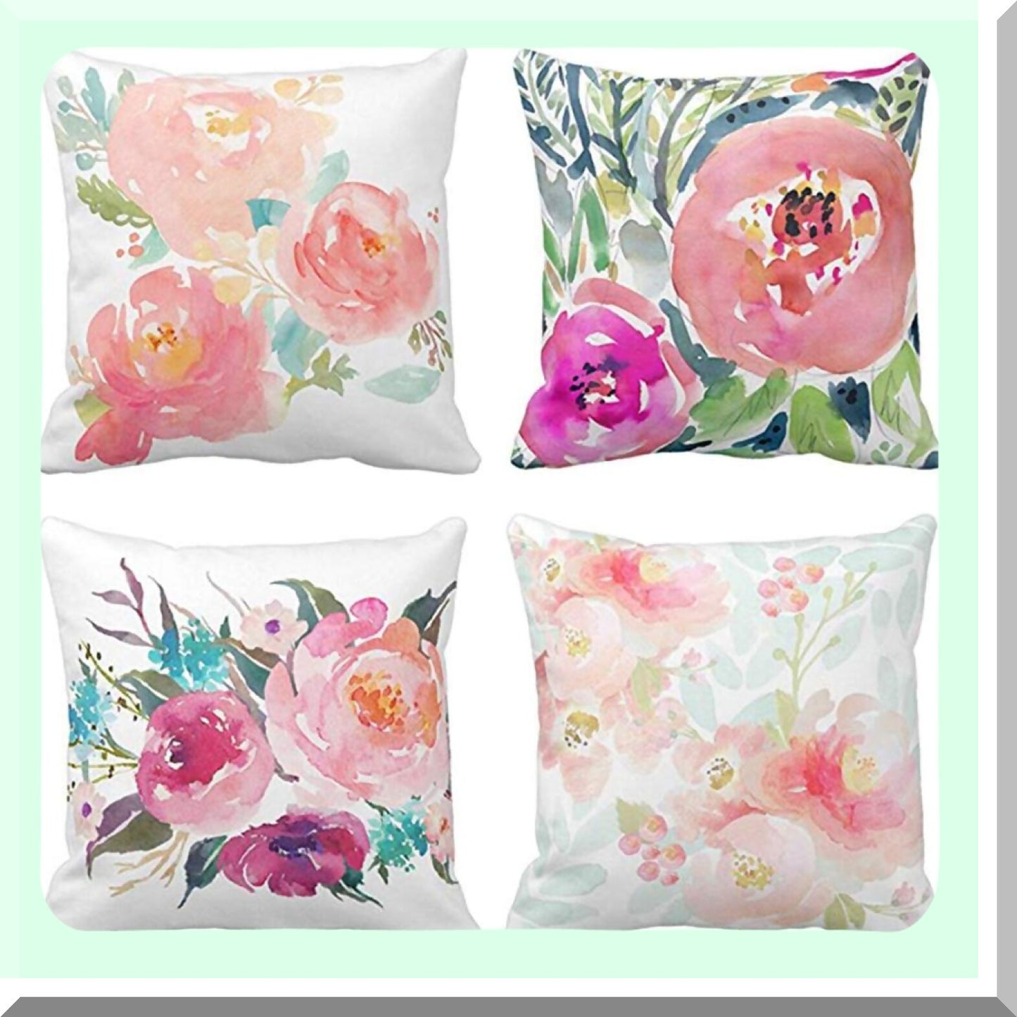 Peony Bloom Summer Watercolor Pillow Covers - Girly Floral Decor - Pastel Mint Colorful Cases - Home Decor Square 16x16 Inches Pillowcases