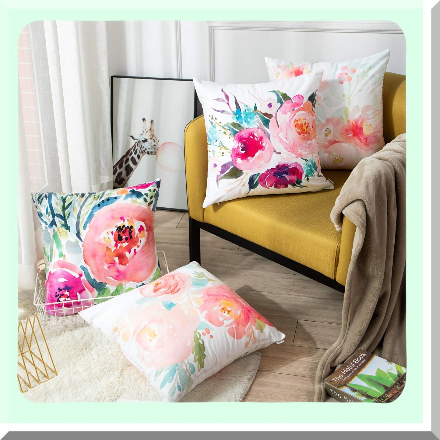 Peony Bloom Summer Watercolor Pillow Covers - Girly Floral Decor - Pastel Mint Colorful Cases - Home Decor Square 16x16 Inches Pillowcases