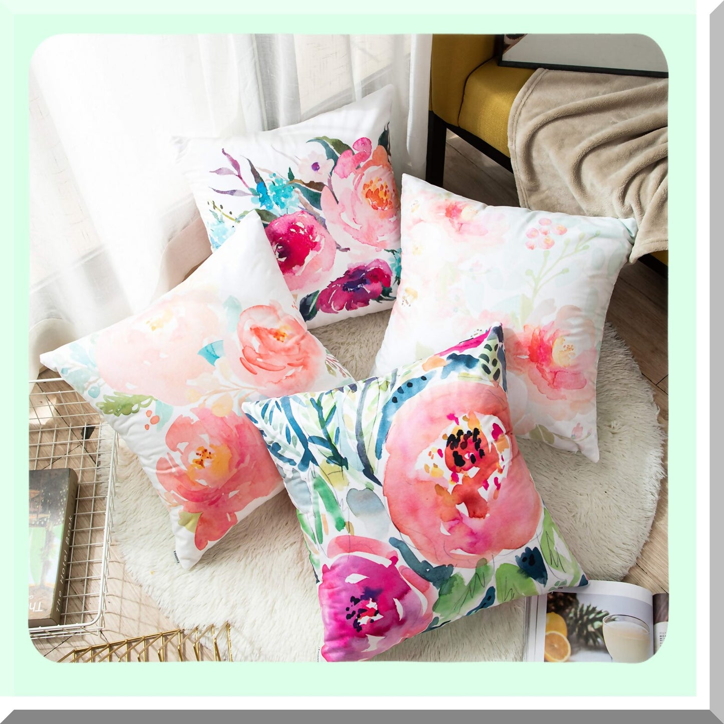 Peony Bloom Summer Watercolor Pillow Covers - Girly Floral Decor - Pastel Mint Colorful Cases - Home Decor Square 16x16 Inches Pillowcases