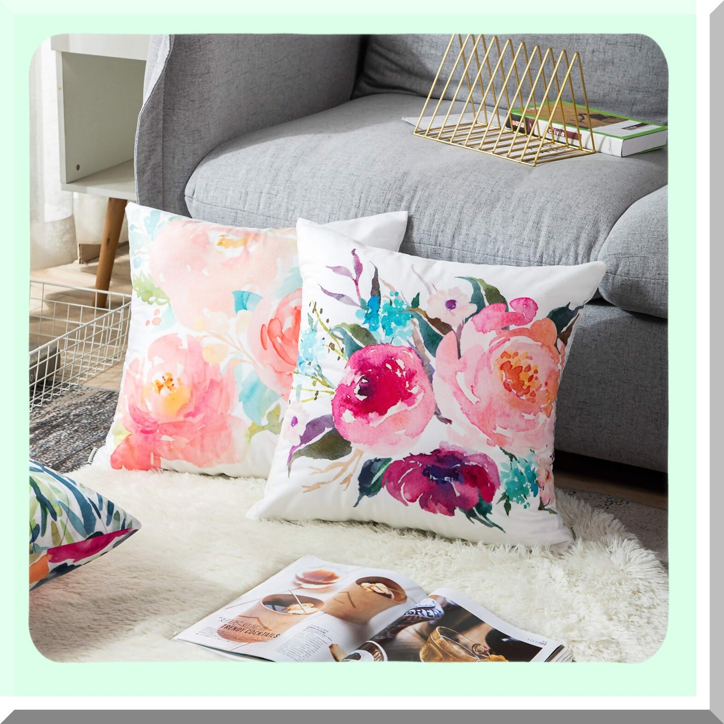 Peony Bloom Summer Watercolor Pillow Covers - Girly Floral Decor - Pastel Mint Colorful Cases - Home Decor Square 16x16 Inches Pillowcases