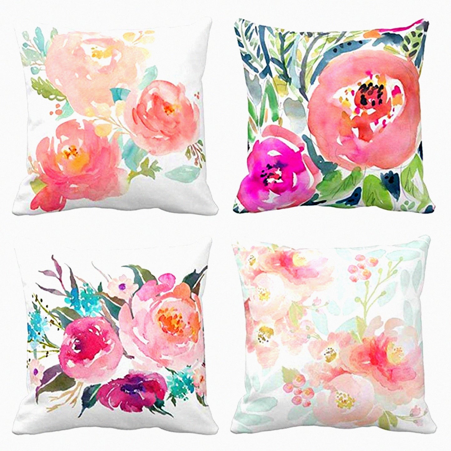 Peony Bloom Summer Watercolor Pillow Covers - Girly Floral Decor - Pastel Mint Colorful Cases - Home Decor Square 16x16 Inches Pillowcases