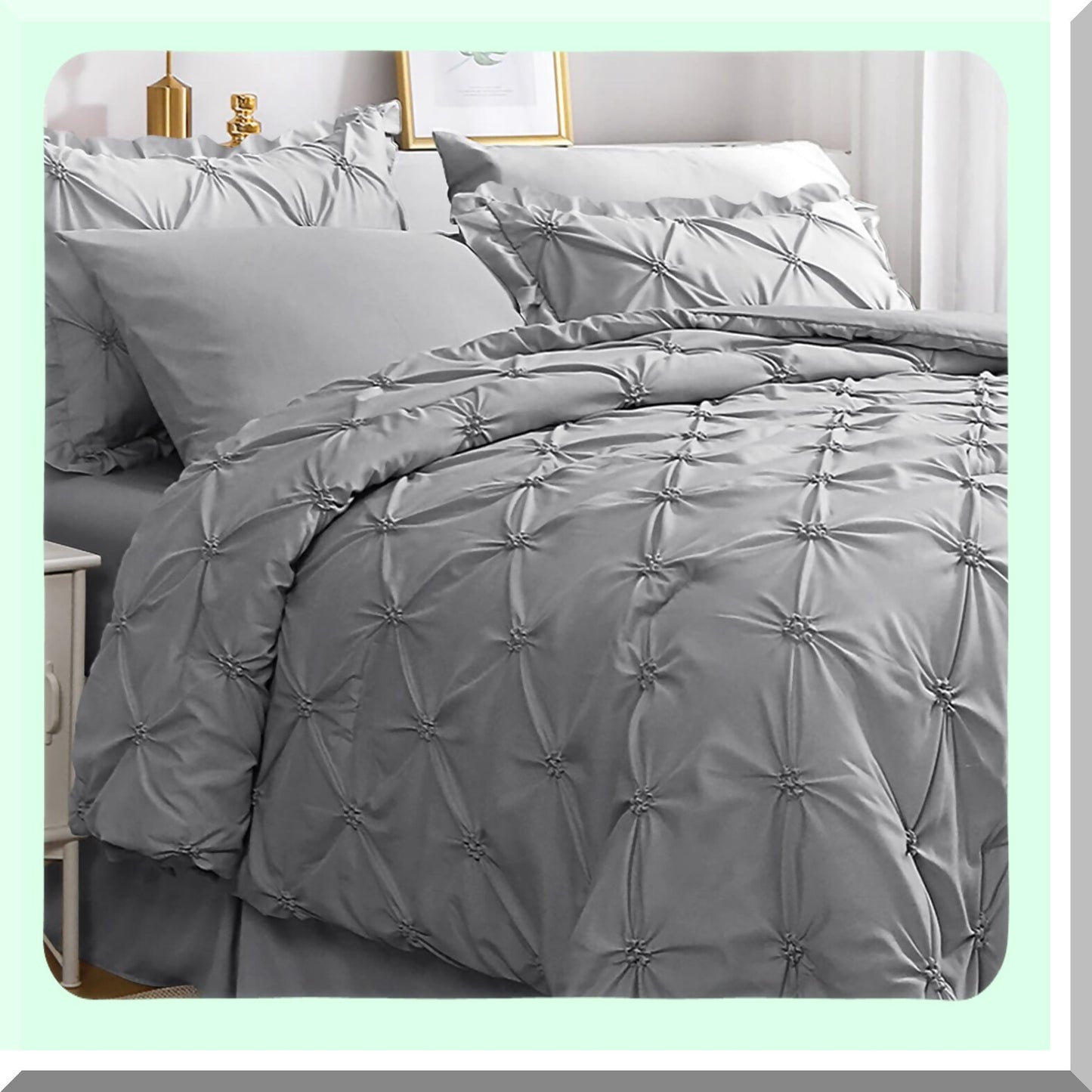 Gray Pintuck Queen Bedding Set - 7 Piece Comforter Set with Sheets, Shams, Pillowcases - Ruffled Bed in a Bag for Bedroom Décor