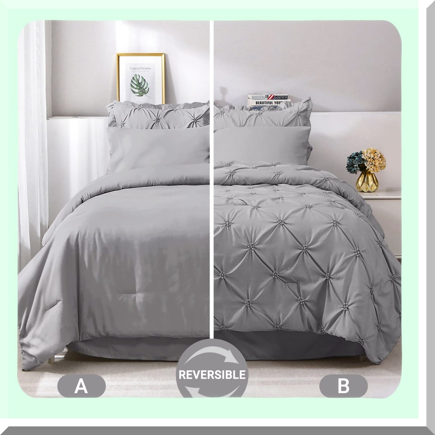 Gray Pintuck Queen Bedding Set - 7 Piece Comforter Set with Sheets, Shams, Pillowcases - Ruffled Bed in a Bag for Bedroom Décor