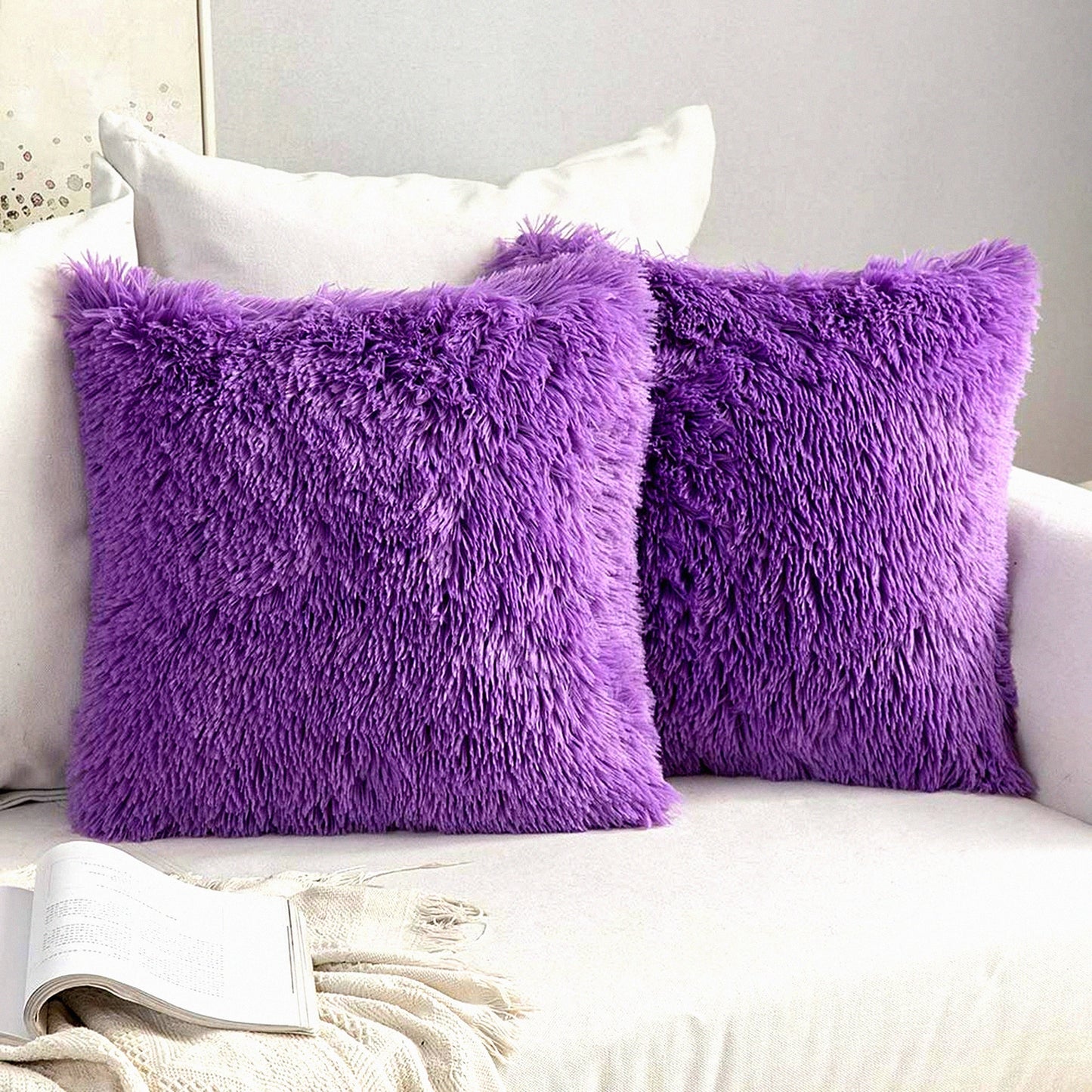 Winter Luxe Plush Pillowcase Set - 18x18 Purple - Cozy Sofa & Bed Decor - Pack of 2 - Deluxe Cushion Cover Shell for Car & Bedroom