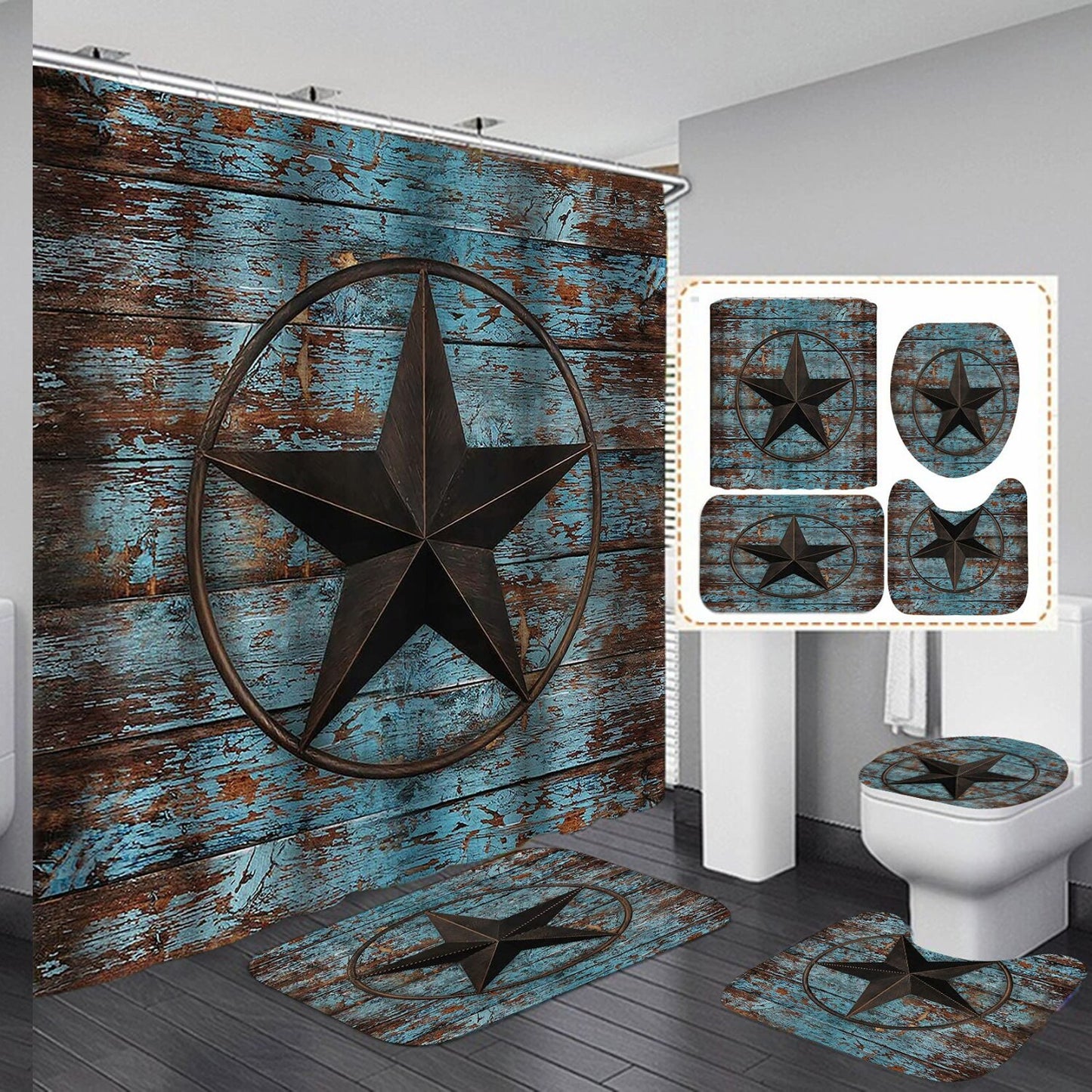Western Texas Star Fabric Shower Curtain 4PCS Set Blue Brown