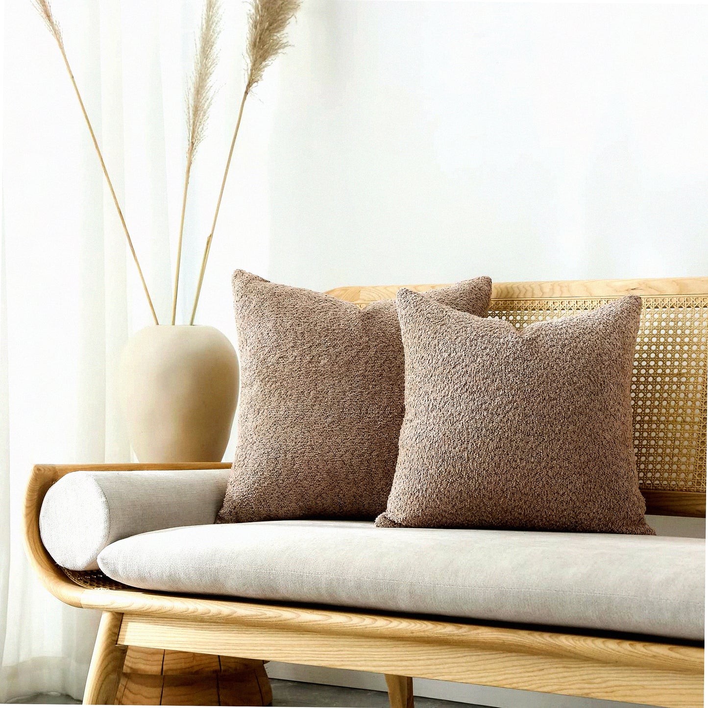 Rustic Farmhouse Textured Throw Pillow Covers - Set of 2 Neutral Accent Cushion Cases for Bed and Couch - 20x20 Decorative Pillows for Living Room in Tan Color