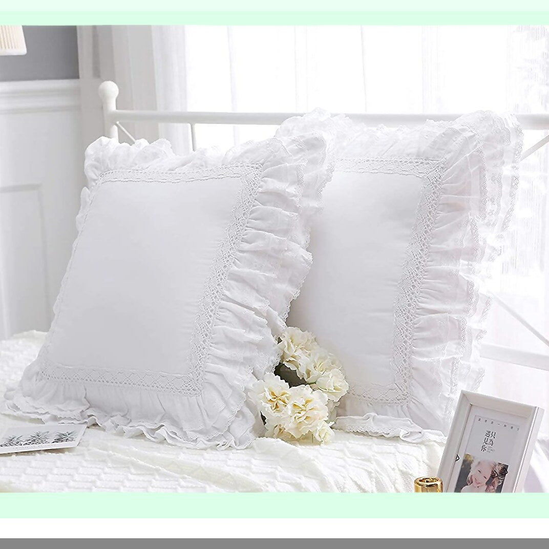 Elegant Lace Ruffle Cushion Covers - Set of 2 White Euro Shams with Zipper Closure, Luxury Cotton Throw Pillow Cases 22"X22"