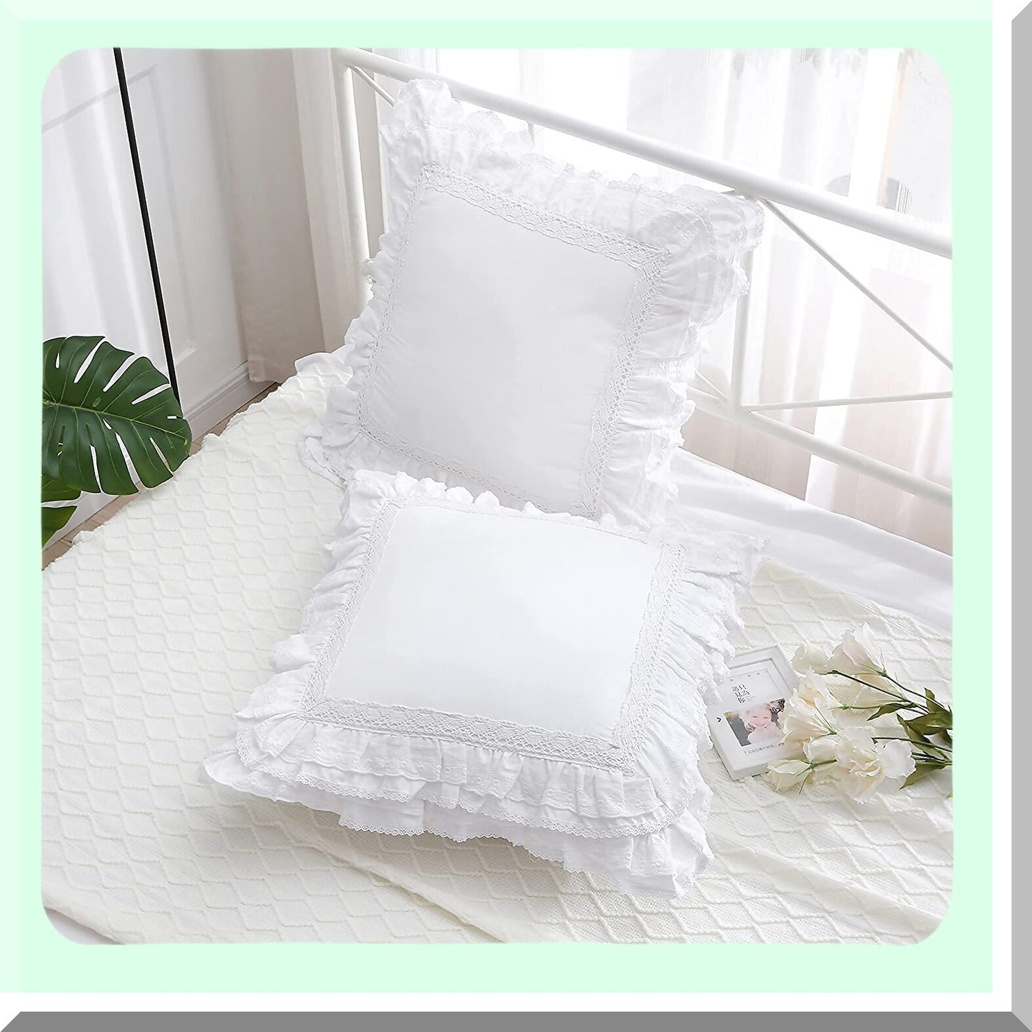 Elegant Lace Ruffle Cushion Covers - Set of 2 White Euro Shams with Zipper Closure, Luxury Cotton Throw Pillow Cases 22"X22"