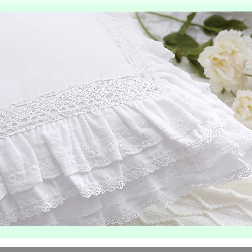Elegant Lace Ruffle Cushion Covers - Set of 2 White Euro Shams with Zipper Closure, Luxury Cotton Throw Pillow Cases 22"X22"