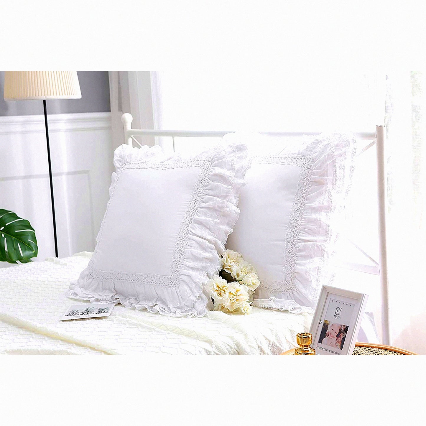 Elegant Lace Ruffle Cushion Covers - Set of 2 White Euro Shams with Zipper Closure, Luxury Cotton Throw Pillow Cases 22"X22"