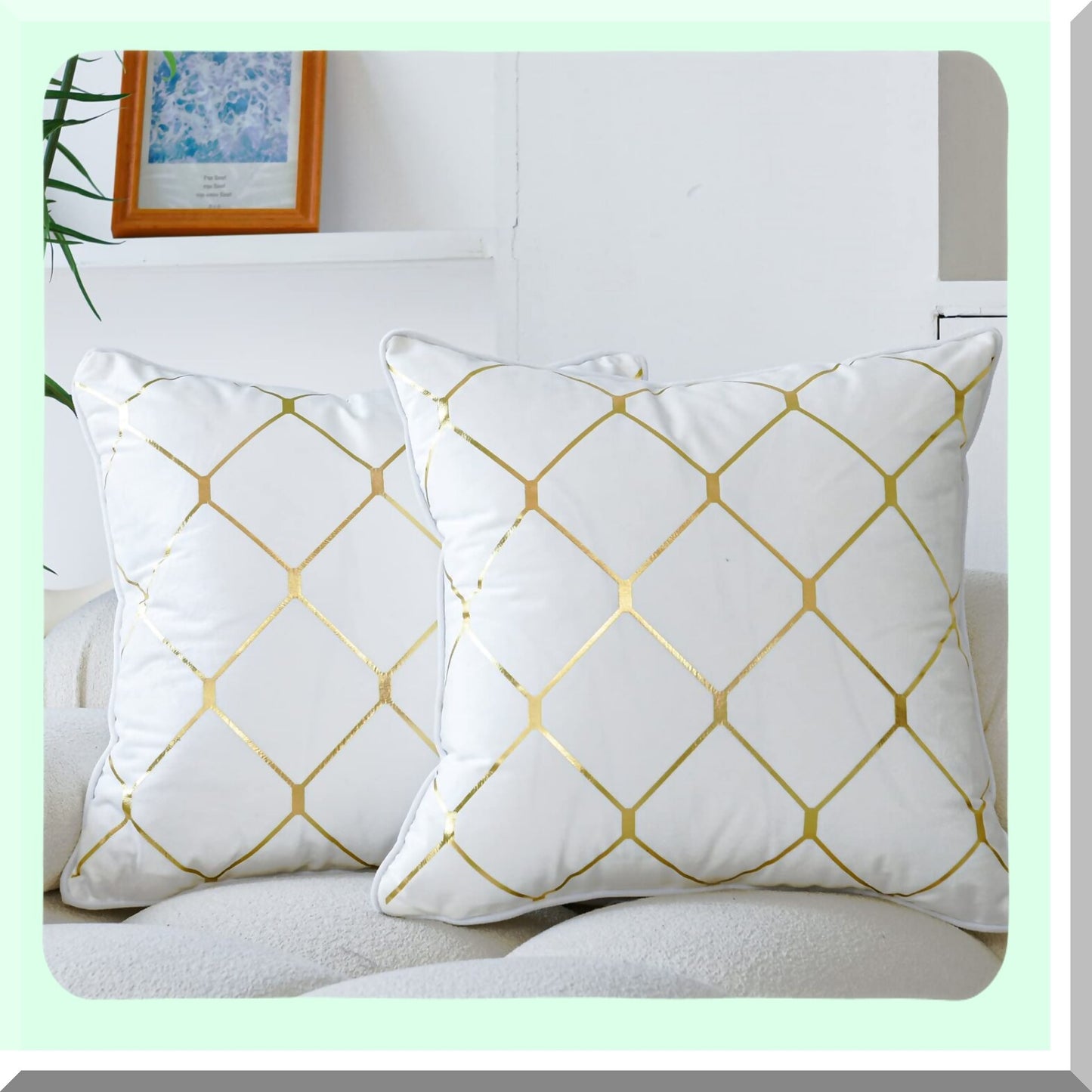 Luxury Velvet Gold Pillow Covers - Set of 2 Decorative Cushion Cases for Couch Sofa Home Decor - White 18x18 Inch - Soft & Stylish Accent Pillows