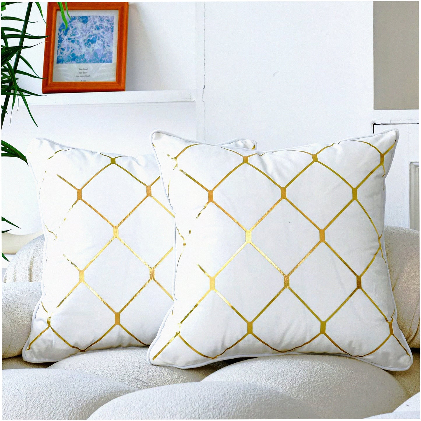 Luxury Velvet Gold Pillow Covers - Set of 2 Decorative Cushion Cases for Couch Sofa Home Decor - White 18x18 Inch - Soft & Stylish Accent Pillows