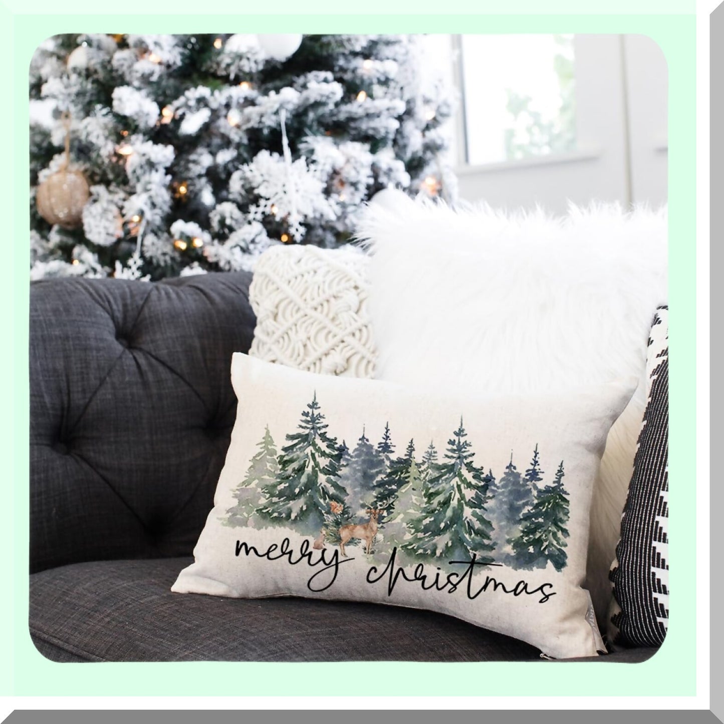 Winter Forest Farmhouse Pillow Covers - Set of 2 Watercolor Rustic Style Cushion Cases 12x20 for Holiday Decorations on Couch