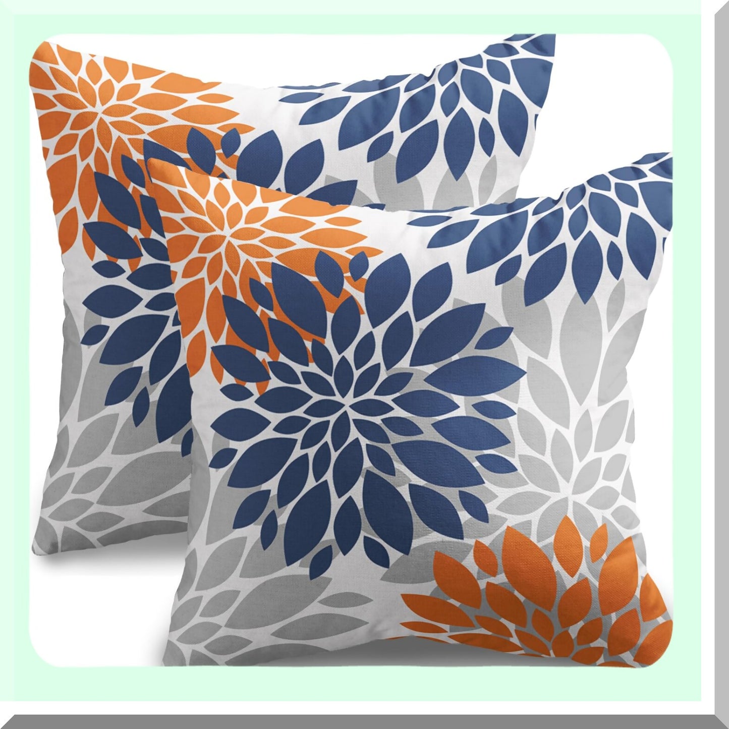Fall Harvest Dahlia Pillow Covers - Set of 2 Navy Blue Orange 18x18 - Autumn Farmhouse Decorative Throw Pillows - Grey Gray Linen Cushion Case for Sofa Bed - Outdoor Fall Colored Flower Theme
