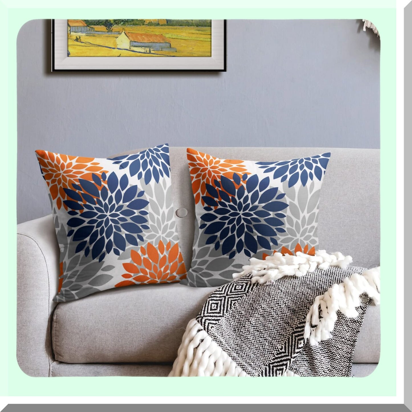 Fall Harvest Dahlia Pillow Covers - Set of 2 Navy Blue Orange 18x18 - Autumn Farmhouse Decorative Throw Pillows - Grey Gray Linen Cushion Case for Sofa Bed - Outdoor Fall Colored Flower Theme