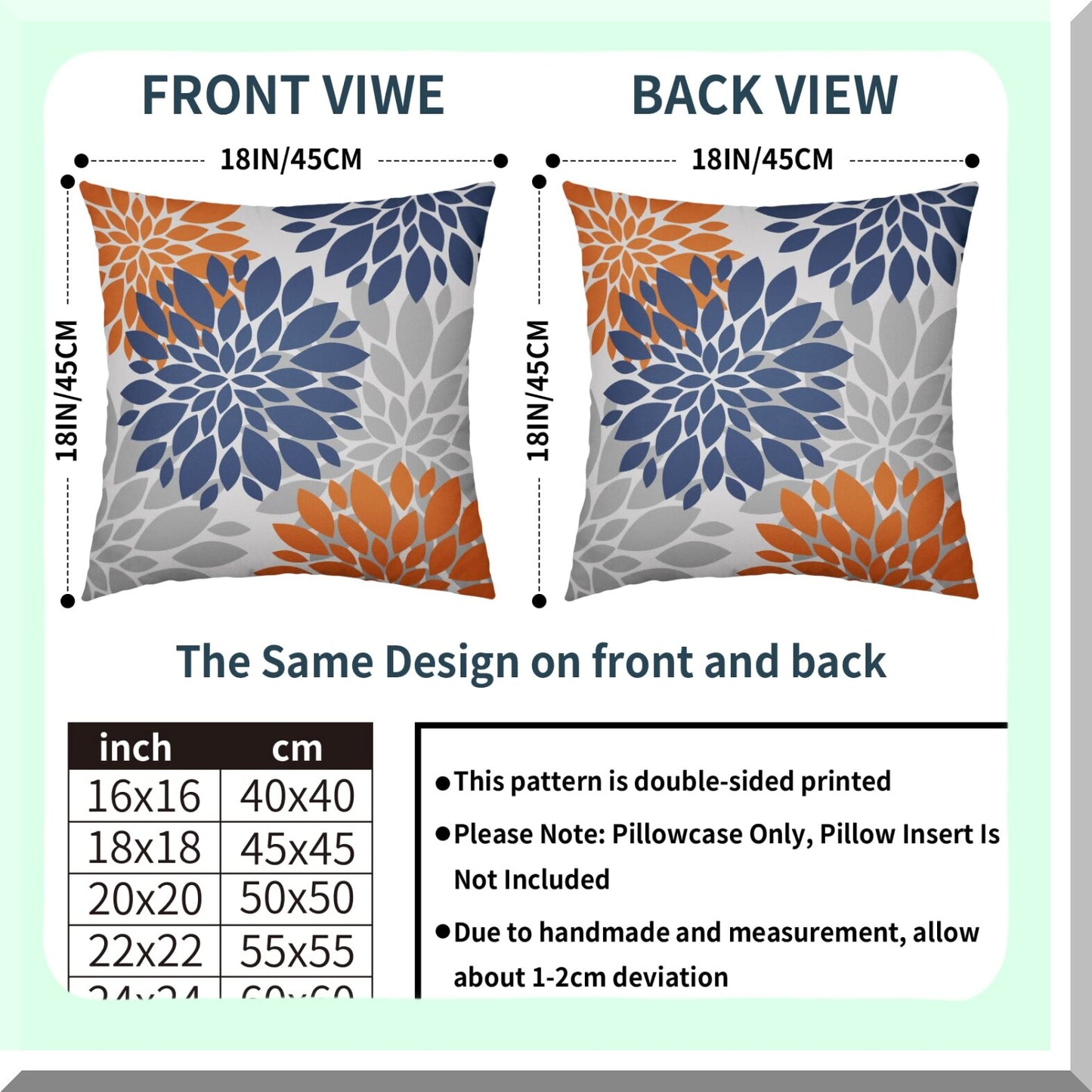 Fall Harvest Dahlia Pillow Covers - Set of 2 Navy Blue Orange 18x18 - Autumn Farmhouse Decorative Throw Pillows - Grey Gray Linen Cushion Case for Sofa Bed - Outdoor Fall Colored Flower Theme