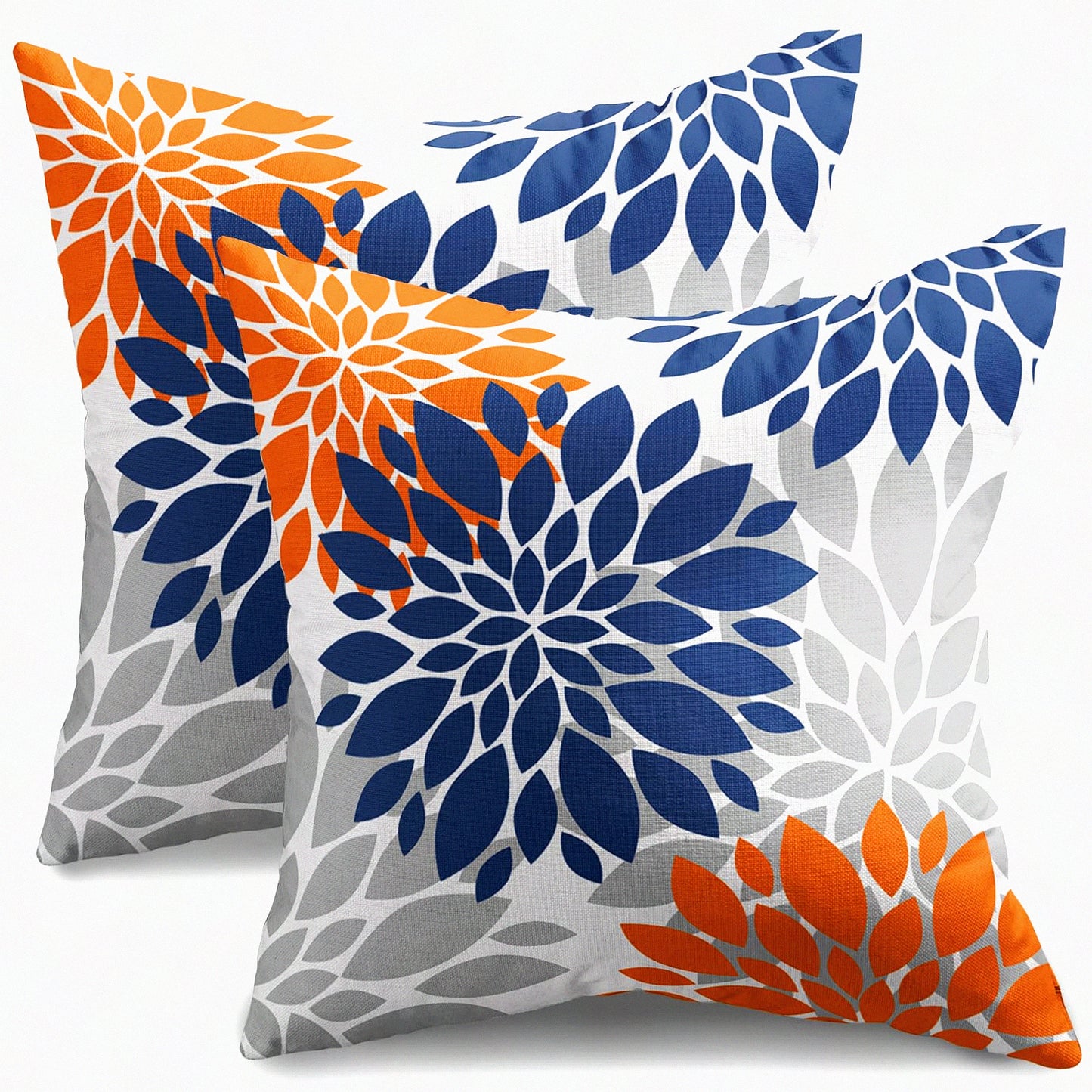 Fall Harvest Dahlia Pillow Covers - Set of 2 Navy Blue Orange 18x18 - Autumn Farmhouse Decorative Throw Pillows - Grey Gray Linen Cushion Case for Sofa Bed - Outdoor Fall Colored Flower Theme
