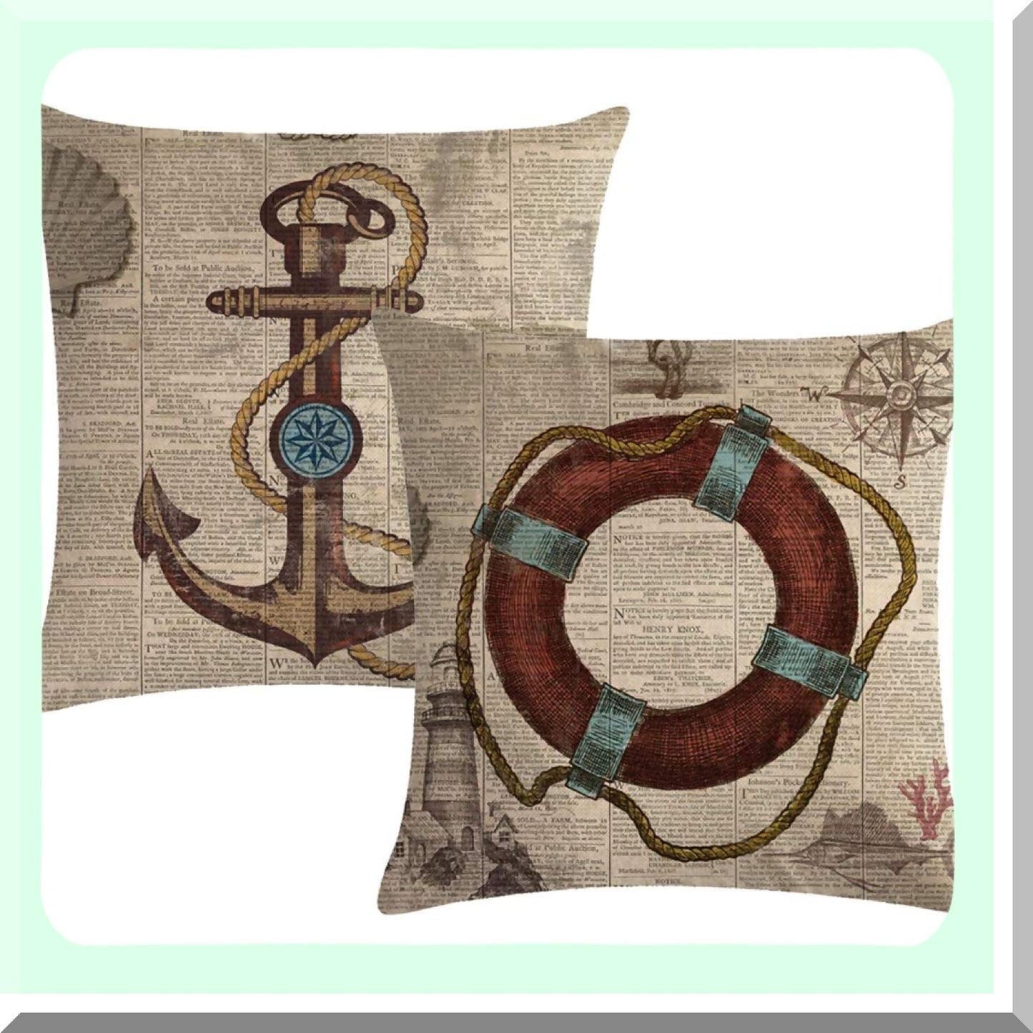 Nautical Ocean Vintage Pillow Covers - Set of 2 Sea Theme Cushion Cases with Life Buoy & Anchor Pattern, Beach Cotton Linen Home Decor 1818 Pillowcases