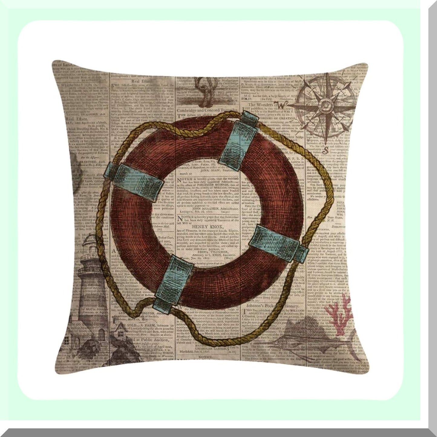Nautical Ocean Vintage Pillow Covers - Set of 2 Sea Theme Cushion Cases with Life Buoy & Anchor Pattern, Beach Cotton Linen Home Decor 1818 Pillowcases