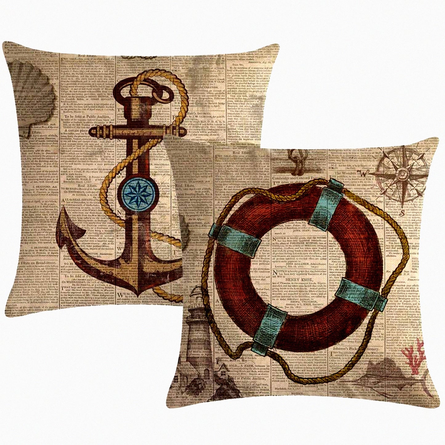 Nautical Ocean Vintage Pillow Covers - Set of 2 Sea Theme Cushion Cases with Life Buoy & Anchor Pattern, Beach Cotton Linen Home Decor 1818 Pillowcases
