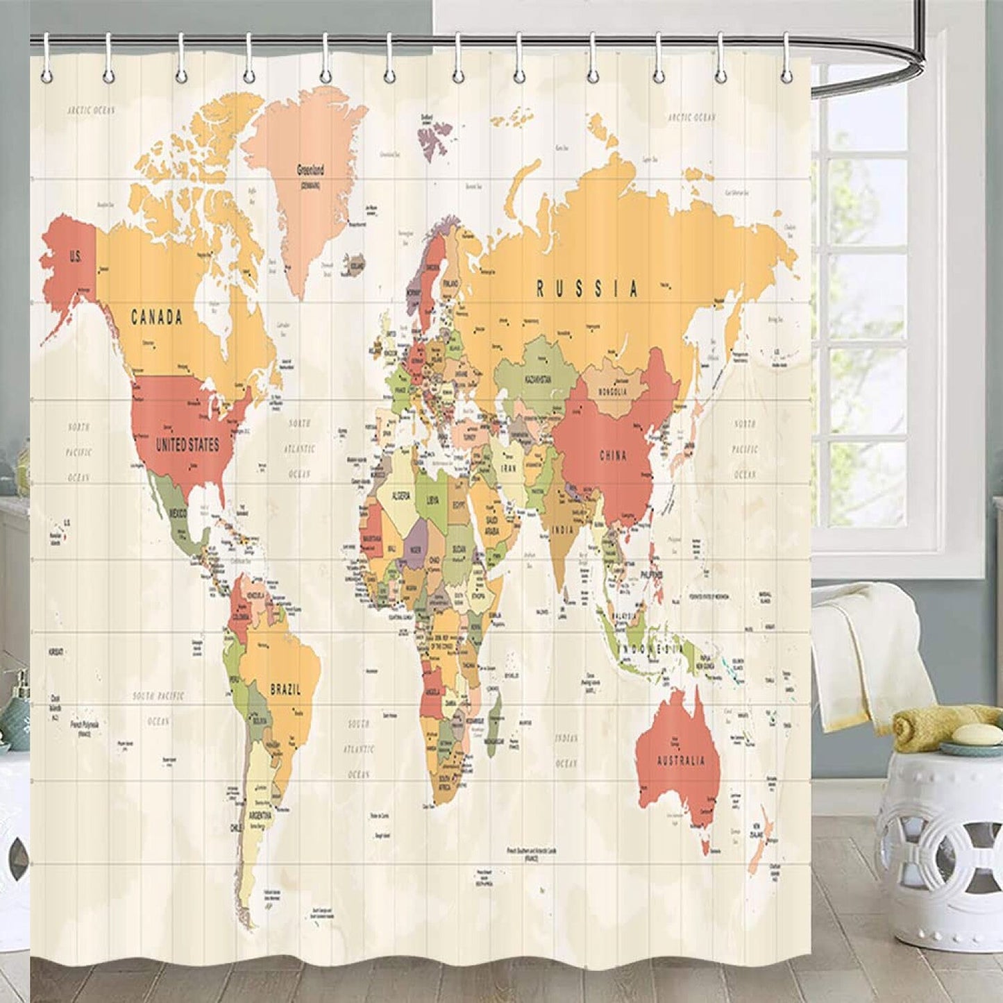 World Map Shower Curtain 72x72 Inches with Hooks