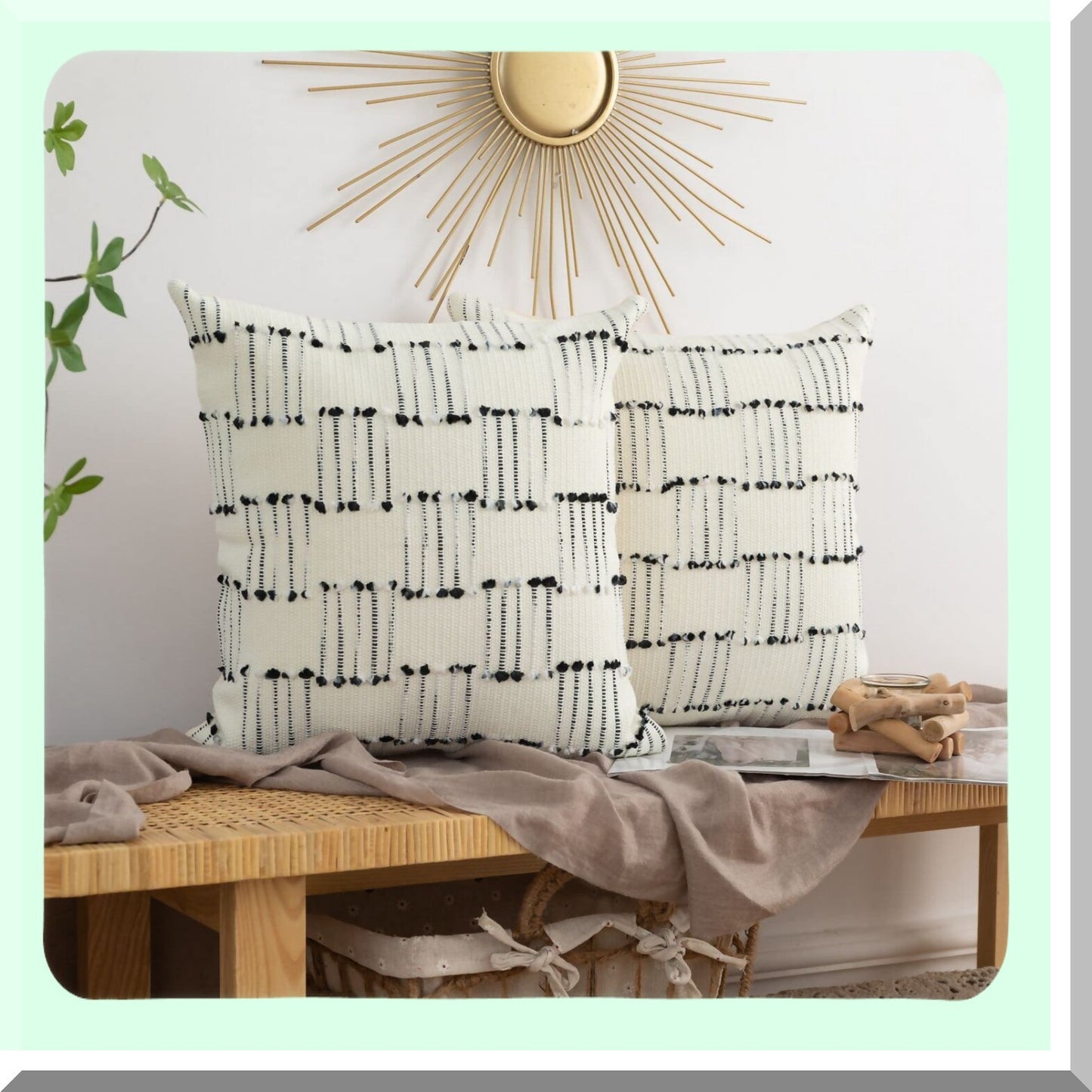 Boho Farmhouse Textured Pillow Covers - Set of 2 Black & White 18x18Inch Square Pillowcases for Sofa Couch Chair Bedroom Decor